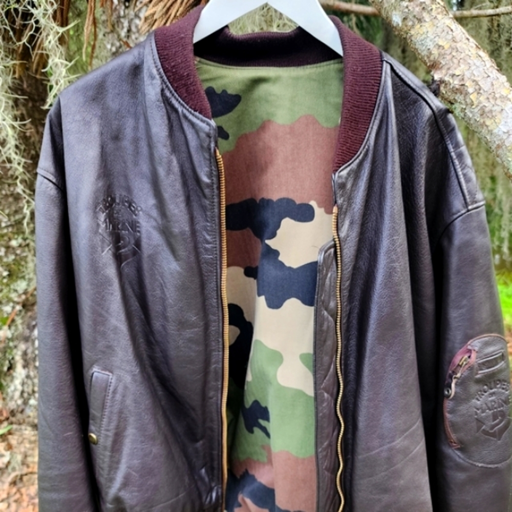 BROWN FLEATHER BOMBER JACKET French Troupes de Marine Camo Lining XL wow!